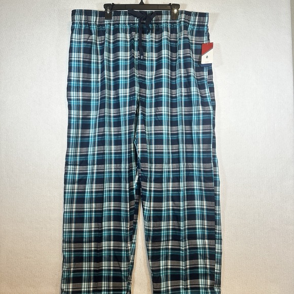 IZOD Mens Plaid Pajama Pants Drawstring Elastic Waist Buttn Fly Pockets-Turq-XXL - Picture 1 of 9